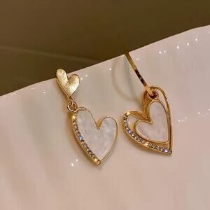 NEW Gold & White Marble Heart Earrings Asymmetrical Rhinestone Dangle Jewelry
